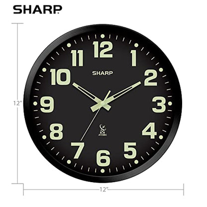 Sharp 12-Inch Atomic Wall Clock, Battery Operated, Glow in Dark | Self-setting atomic time; Easy-read analog face; Automatic time adjustment; Simple setup; Versatile home or office style - color: Black/Glow in Dark, size: Large