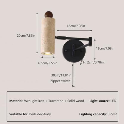 Modern Travertine Stone Wall Sconce, Adjustable Swing Arm Wall Lamp, Black Metal Base Pull Chain Switch Bedside Reading Spotlight for Bedroom Study Room Bedside - color: Walnut
