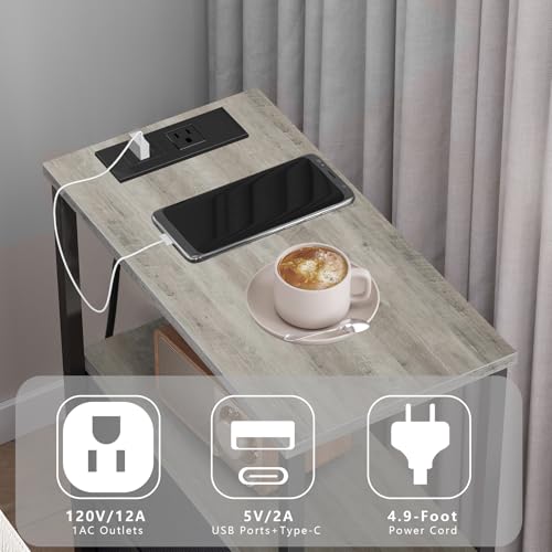 TUTOTAK Narrow End Table with Charging Station, Skinny Side Table | Bedside Table with Outlets, Nightstand with 2 Cloth Drawers, Couch Table for Living Room, Bedroom, Greige TB01BG055 - color: Greige, style: 2 Drawers & Plug