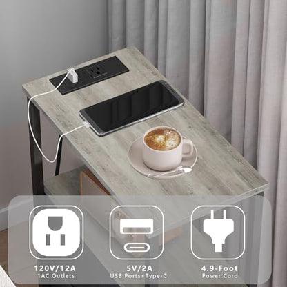TUTOTAK Narrow End Table with Charging Station, Skinny Side Table | Bedside Table with Outlets, Nightstand with 2 Cloth Drawers, Couch Table for Living Room, Bedroom, Greige TB01BG055 - color: Greige, style: 2 Drawers & Plug