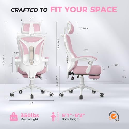 CYKOV Ergonomic Office Chair, Reclining, Footrest, Adjustable Lumbar, 350LB | 4-Way Headrest (4.72" + 60°), 2-Way Lumbar (2" + 1.18"), 90-135° Recline, Breathable Mesh, Gaming & Office, 5-Year Warranty - color: W-pink
