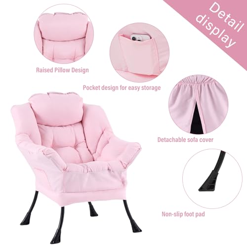 Welnow Lazy Chair with Ottoman, Reading Chair with Footrest，Pink | A Side Pocket,Armrests,Foldable Footrest,Thick Cushioned Seat & Backrest, Lounge Chair for Bedroom,Living Room & Small Space - color: Pink