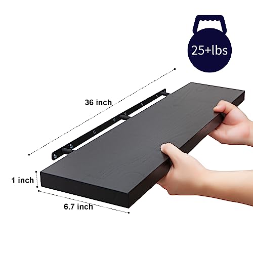 SAUMONIERES Floating Wall Shelves for Bedroom Bathroom Wall Mounted Solid Wood 36 Inches Long Shelf Set of 2, Black Floating Shelves - color: Black, size: 36 Inch-2 shelves