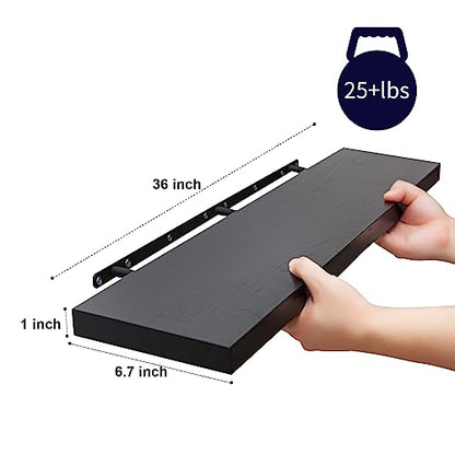 SAUMONIERES Floating Wall Shelves for Bedroom Bathroom Wall Mounted Solid Wood 36 Inches Long Shelf Set of 2, Black Floating Shelves - color: Black, size: 36 Inch-2 shelves