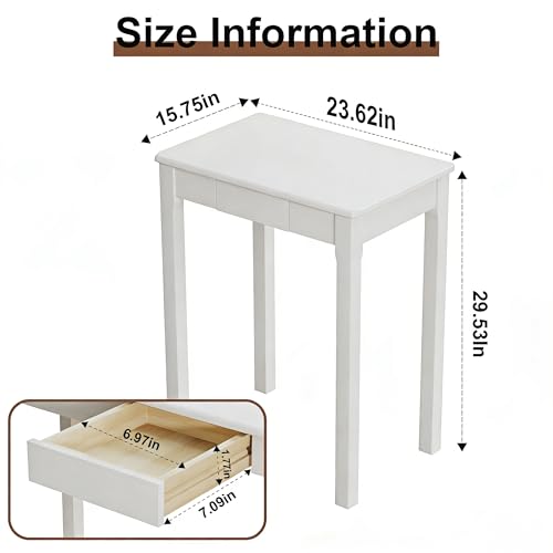 Solid Wood Desk with Drawers - 24 x 16 Inch Simple Narrow Desks, Rubber Wood Study Table, Small Writing Desk for Small Spaces|Bedroom - Modern White Desks - color: White, size: 23.6 in W x 15.7 in D