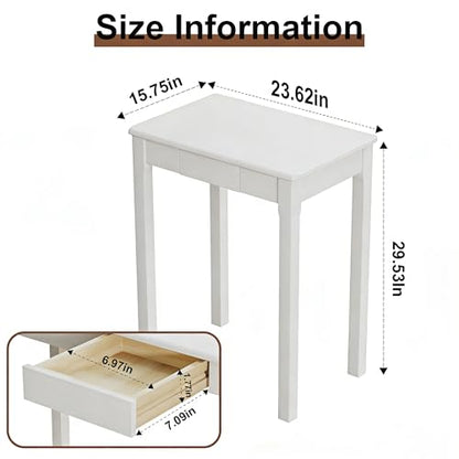 Solid Wood Desk with Drawers - 24 x 16 Inch Simple Narrow Desks, Rubber Wood Study Table, Small Writing Desk for Small Spaces|Bedroom - Modern White Desks - color: White, size: 23.6 in W x 15.7 in D