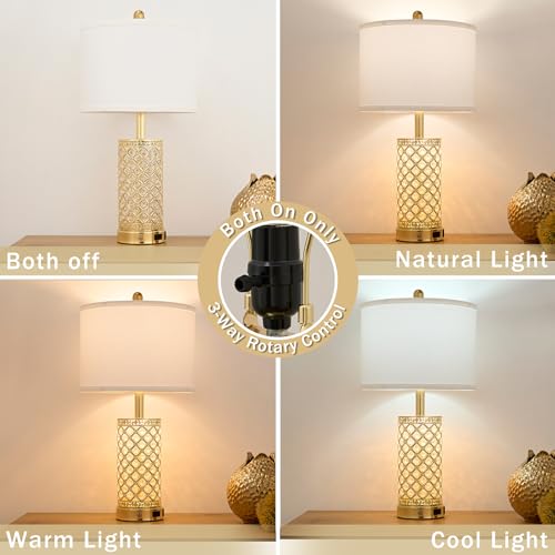 SAIWEYA 24in Crystal Table Lamp Set of 2 Bedroom Lamps for Night Stand | 3-Way Dimmable Touch with Night Ligh, 2 USB Ports + AC Outlet, White Fabric Shade, LED Bulb Included - color: Gold-2 Pack 24In