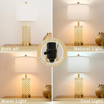 SAIWEYA 24in Crystal Table Lamp Set of 2 Bedroom Lamps for Night Stand | 3-Way Dimmable Touch with Night Ligh, 2 USB Ports + AC Outlet, White Fabric Shade, LED Bulb Included - color: Gold-2 Pack 24In