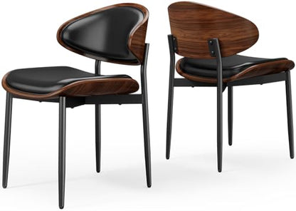 Dining Chairs Set of 2, Mid-Century Modern Upholstered PU Leather Chairs | with Walnut Bentwood Back and Metal Legs Adjustable Feet for Kitchen Dining Room, Black PU - color: Black Pu