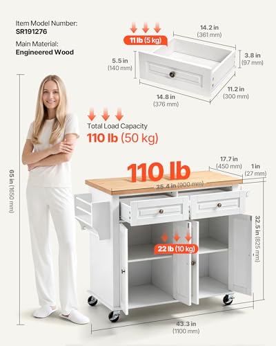 VEVOR Kitchen Island Cart with Storage, 43.7 in Wide Mobile Rolling Storage Island on Swivel Wheels, with 2 Drawers, Storage Cabinet, Spice/Towel Rack, Hooks, Table for Home Dining Room, White | Home Dining Use, Spice Towel Rack With Hooks, Cabinet Shelve