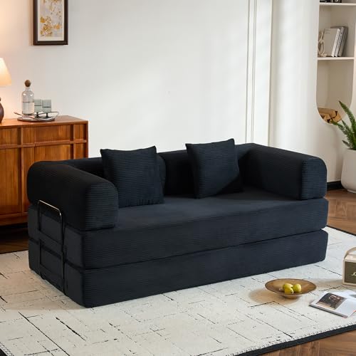 Convertible Sleeper Sofa Bed,Corduroy Folding Mattress Couch with Cylindrical Pillows,Metal Frame,High-Density Sponge,Reconfigurable Lounge Seat for Living Room Bedroom Apartment (Black,Couch) - color: Black, size: 77.95"L x 35.43"W x 26.77"H