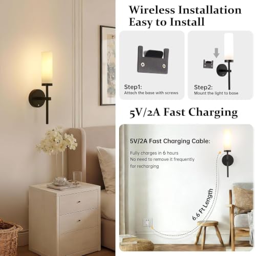 Shenmoyl Battery Operated Wall Sconces Set of 2, Black Rechargeable Wall Lighting Fixtures, Dimmable Wall Lights with Remote & Opal Glass Shade for Living Room, Bathroom,Bedroom - color: Black - Opal Glass