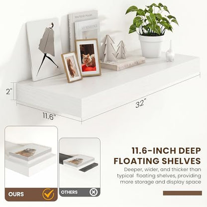32 Inch Floating Shelves, 12'' Deep White Shelves for Wall Set of 2 | Invisible Brackets, Engineered Wood, Mounting Hardware Included, 40LBS, Bathroom, Laundry Room, Kitchen, Living Room - color: White, size: 32W x 11.6D x 2H, 2 Pack