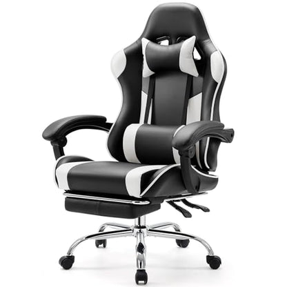 Sweetcrispy Gaming Chair, High Back Office Chair, Home Office | PU Leather Ergonomic, Adjustable Headrest Footrest, Linkage Armrest, Video Racing, White - color: Pu White