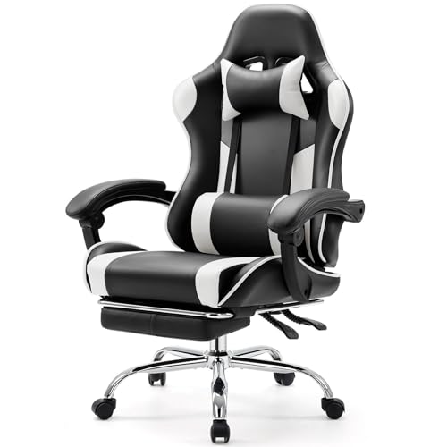 Sweetcrispy Gaming Chair, High Back Office Chair, Home Office | PU Leather Ergonomic, Adjustable Headrest Footrest, Linkage Armrest, Video Racing, White - color: Pu White