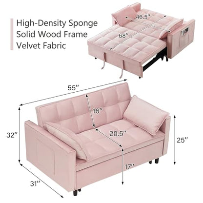 3 in 1 Convertible Sleeper Sofa Bed, Velvet Loveseat Futon Pull-Out Couch with Adjustable Reclining Backrest, Side Pockets and Pillows for Living Room, Bedroom, Apartment, Small Spaces (Pink-Velvet) - color: Pink-velvet
