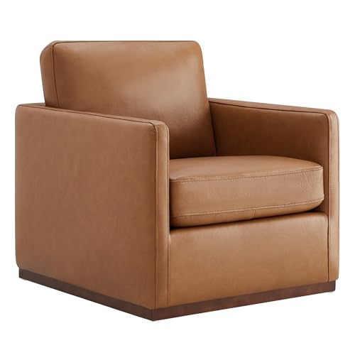 CHITA Genuine Leather Swivel Chair, Wood Frame, Fully Assembled, Saddle | Leather Arm Chair with 360° Swivel Solid Wood Base, Mid Century Modern Living Room Chair, 33"Dx30"Wx33"H, 300 Lb Capacity - color: Saddle
