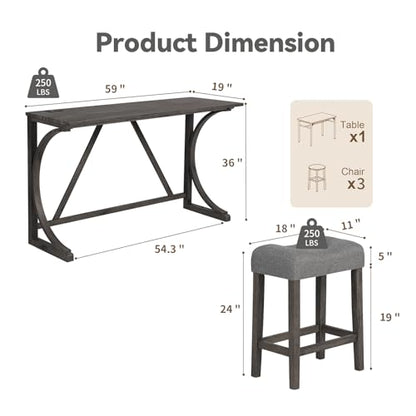 59" Counter Height Bar Table Set with Power Outlet, Industrial Breakfast Table with 3 Padded Stools, 4 Piece Bar Table and Chairs Set for Living Room, Dining Room, Dark Gray - color: O-dark Gray