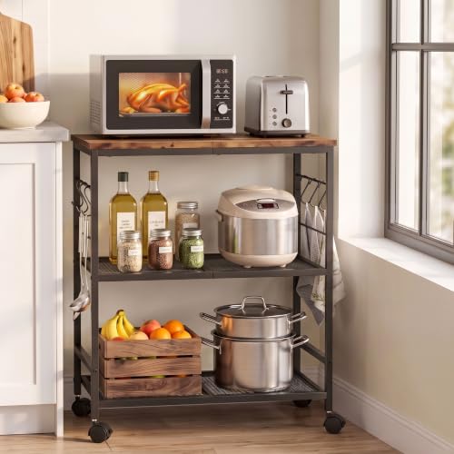 3-Tier Rolling Kitchen Microwave Cart with Storage, Mobile Kitchen Utility Cart with 2 Lockable Wheels, Coffee Bar Table Station with 6 S-Shaped Hooks for Kitchen Island, Living Room, Rustic Brown