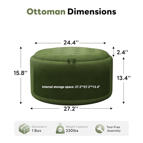 Tbfit Multi-Functional Round Storage Ottoman for Home - No-Assembly Footrest & Seat with Spacious Storage Plush Fabric Design for Living Room, Bedroom, Nursery, Green - color: Green-velvet