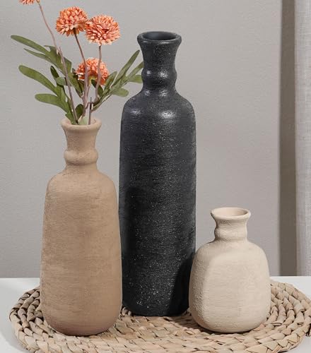 Ceramic Vase Set, 3Pcs Flower Vases for Modern Boho Farmhouse Decor, Decorative Vases for Pampas Grass & Dried Flowers, Distressed Finish - color: E