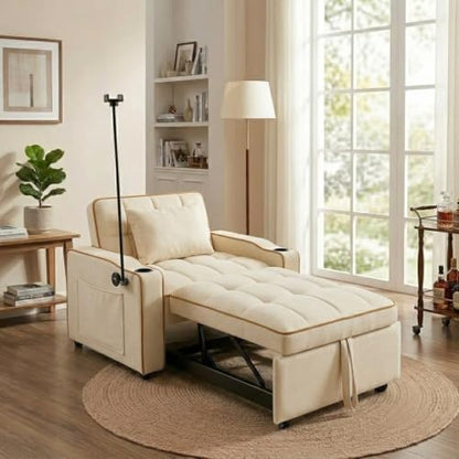Sleeper Chair with USB Port, 3 In1 Pull Out Sofa Bed, White | Adjustable Backrest,Soft Cushioning,Handy Side Pocket,Cup Holders,Phone Holder - color: D-white-g2