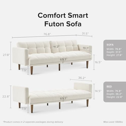 mopio 76.4" Futon Sofa Bed Tufted Styled, Sleeper Couch (Pearl White Boucle) - color: Aaron, Pearl White Boucle