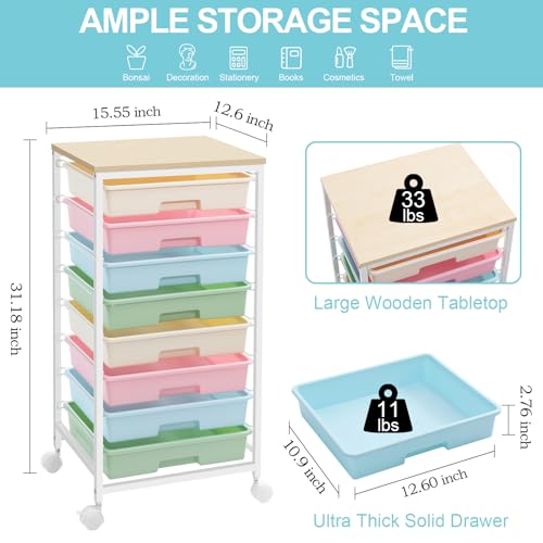 SYKIARIOL Rolling Cart with Drawers, 8 Drawers Utility Cart, Rainbow | Rolling Drawer Cart on Wheels with Wooden Tabletop for Living Room,Classroom,Bedroom,Bathroom,Dorm,Office - color: Rainbow