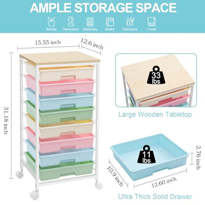 SYKIARIOL Rolling Cart with Drawers, 8 Drawers Utility Cart, Rainbow | Rolling Drawer Cart on Wheels with Wooden Tabletop for Living Room,Classroom,Bedroom,Bathroom,Dorm,Office - color: Rainbow
