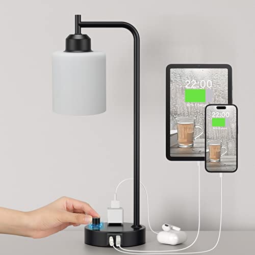 Industrial Bedroom Table Lamps for Bedside - White Opal Glass Shade Desk Lamps with USB C Port, Fully Dimmable Black Lamps with USB Port and Outlet, Reading Nightstand Lamp for Office Living Room - color: Opal
