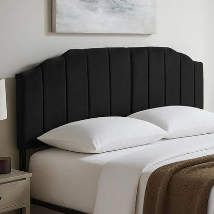 Upholstered Headboard Adjustable Height Queen/King Headboard Cream Velvet Tufted Modern Vertical Channel Design with Stepped Silhouette Top Edge(Black Queen) - color: Black, size: Queen