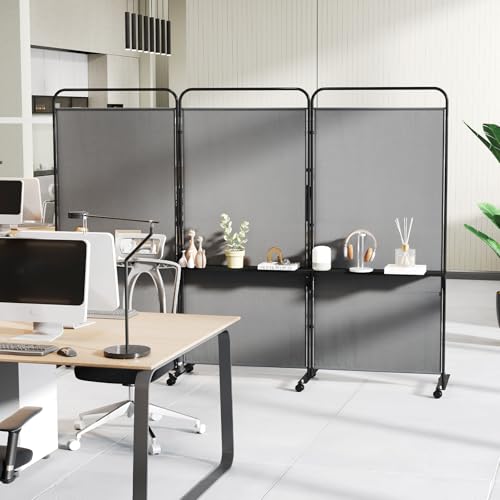 GOFLAME 3 Panel Room Divider with Storage Shelves, 6FT Folding Privacy Screen with Lockable Wheels, Portable Rolling Wall Divider, Freestanding Partition Screen for Room Separation, Grey - color: Grey