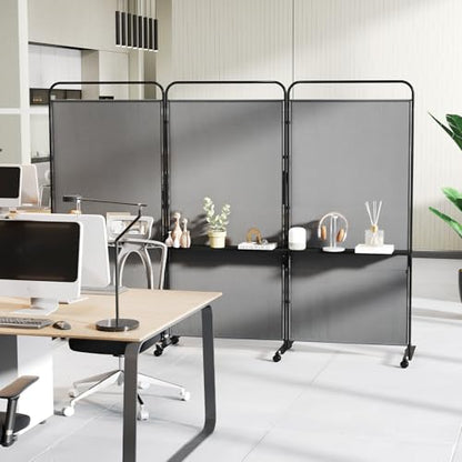 GOFLAME 3 Panel Room Divider with Storage Shelves, 6FT Folding Privacy Screen with Lockable Wheels, Portable Rolling Wall Divider, Freestanding Partition Screen for Room Separation, Grey - color: Grey
