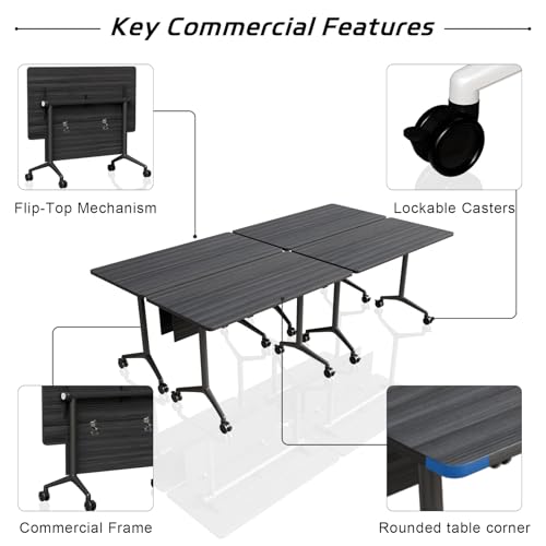 Folding Conference Table with Wheels Set of 6, Modular Conference Room Table for 6-12 Person Meetings, Flip Top Rolling Training & Classroom Tables, Nesting Office Tables - color: Ebony, size: 55.1 in