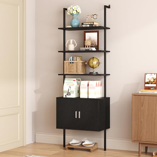 Yusong 73" Tall Bookshelf with Cabinet, Industrial Ladder Wall Mount Shelf Bookcase with Wood and Metal Frame, Plant Shelf Wall Storage Display for Living Room Bedroom, Black Wood Grain - color: Black