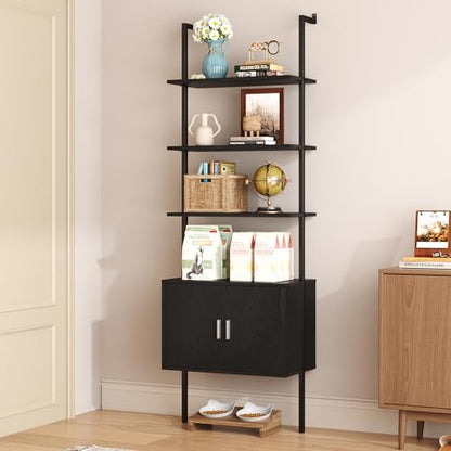 Yusong 73" Tall Bookshelf with Cabinet, Industrial Ladder Wall Mount Shelf Bookcase with Wood and Metal Frame, Plant Shelf Wall Storage Display for Living Room Bedroom, Black Wood Grain - color: Black