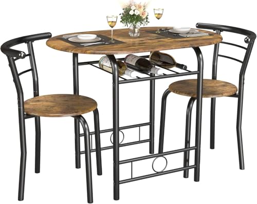 JUMMICO 3-Piece Wooden Round Table & Chair Set | Kitchen Breakfast Nook Wood Grain Tabletop with Metal Frame and Built-in Wine Rack for Kitchen, Dining Room (Brown/Black) - color: Brown/Black