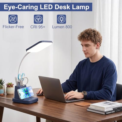 LED Desk Lamp with 10W Wireless Charging & Pen Holder, Navy Blue | CRI 95, 800LM, Stepless Dimming, 3 Modes, 360°Flexible Arm, Touch, Study Table Lamp for Home Office, Dorm Room, with Adapter - color: Navy Blue
