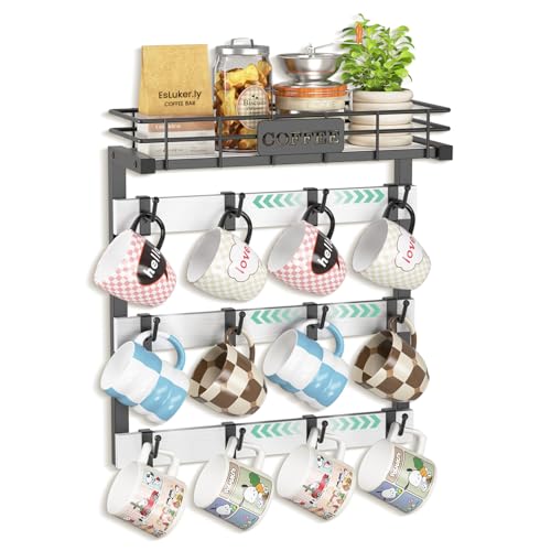 EsLuker.ly Coffee Mug Holder Cup Hanger Wall Mounted Display Rack | Metal Organizer with 12 Movable Plastic Hooks, Wood Rustic Shelf for Coffee Bar Home Kitchen, Thoughtful Wall Storage, White - style: 12 Movable Hooks White Style