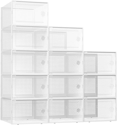 Kuject XX-Large Shoe Storage Boxes 12 Pack, Clear Stackable Shoe Organizer | Shoe Case for Closet, Entryway & Under-Bed Storage, Drop-Front Design, Space-Saving Solution for Family Organization,White - color: White, size: XX-Large