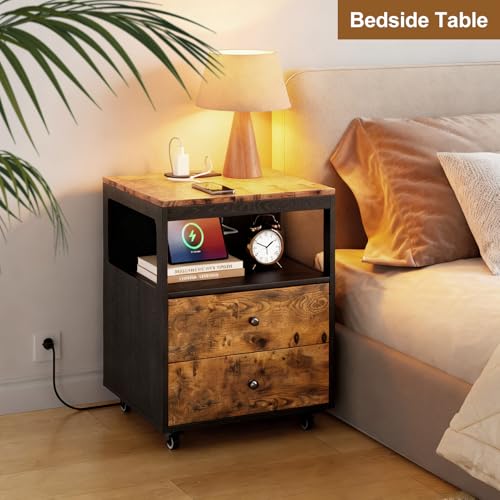 Bedroom Nightstand with Charging Station, Side Table with 2 Drawers,Sofa End Table Living Room with Wheels for Living Room Bedroom Office(Rustic Brown + Black) - color: [A2] Black & Brown
