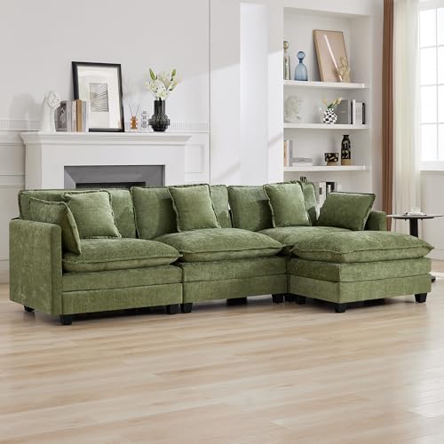 111'' Cloud Deep Seat Sectional Couch, Modern Comfy Chenille L Shaped Sectional Sofa with Movable Ottoman, Upholstered Modular 4-Seater Sofa Couch for Living Room, Green - color: Green, size: 111'' L Shape