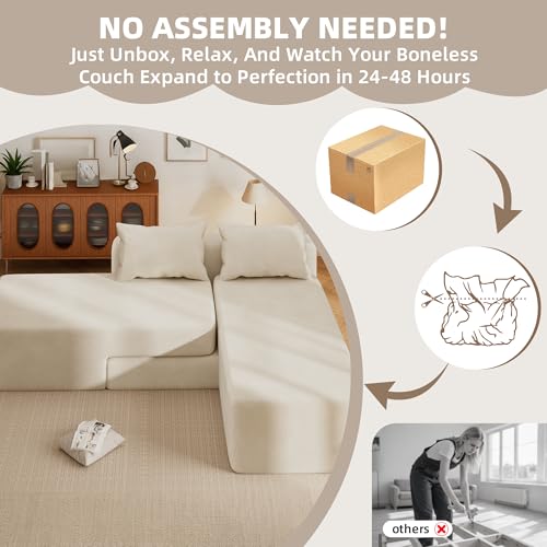 Boneless Sectional Couch, 4 in 1 Convertible Cloud Couch with Reversible Chaise & Deep Seat, Modular Sectional Sofa for Apartment, No Assembly Chenille Foam Couch in a Box, Beige - color: Beige, size: 89" Convertible Chaise Chenille
