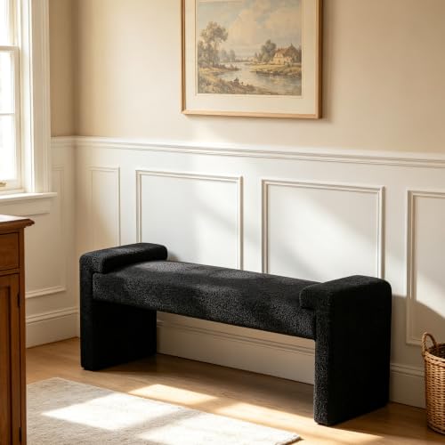 Upholstered Entryway Bench, 58.7" Modern Bedroom Bench, Black | Sherpa Fleece, Curved Armrests, Solid Wood Frame, End of Bed, Bedroom, Living Room, Hallway - color: Black-sherpa, size: 58.7"