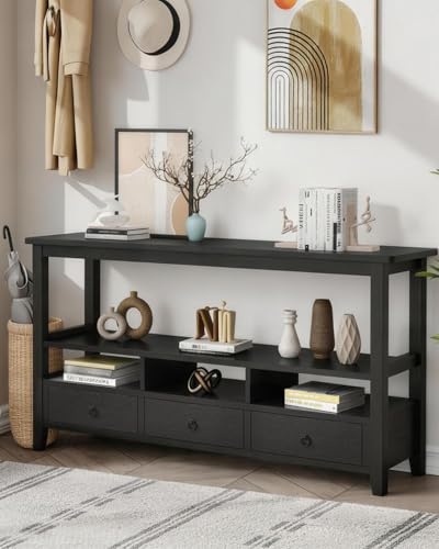 Karl home Console Table with 3 Drawers, 57.9"W Entryway Table, Black 29.9"H | Wood finish, 3 drawers, 3 cubbies, open shelf storage, vintage entryway table for hallway, living room and office - color: Black, style: 3 Bottom Drawers ＆ 3 Storage Cubes