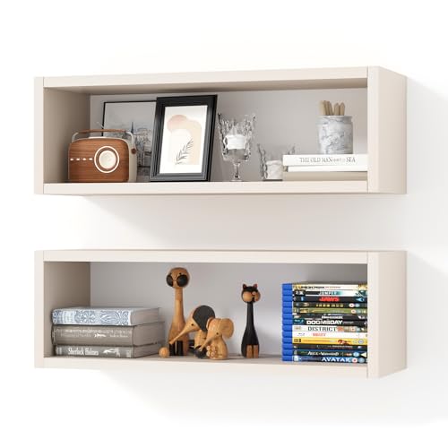 24in Floating Cube Shelves Set of 2, Display Shelves Wall Mount, Decorative Hanging Shelves for Kitchen Living Room Office,(Beige Leather, Rectangle 2 Cubes) - color: Beige Leather, size: Rectangle-Set2