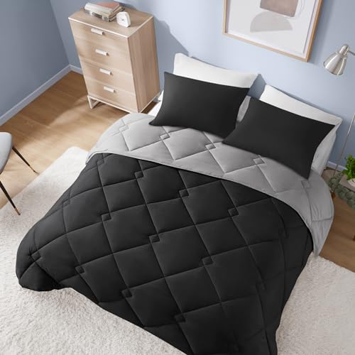 Comfort Spaces Vixie Reversible Comforter Set - Trendy Casual Geometric Quilted Cover, All Season Down Alternative Cozy Bedding, Matching Sham, Black/Gray, Full/Queen 3 piece | Down Alternative, All Season, Bedding for Bedroom, Geometric Pattern, Reversib