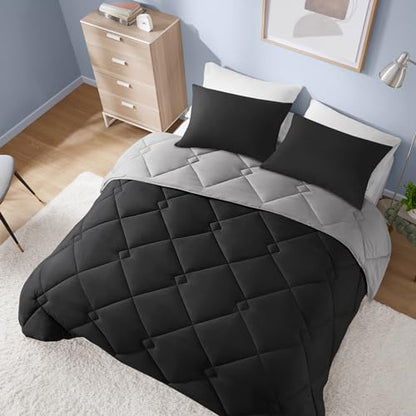 Comfort Spaces Vixie Reversible Comforter Set - Trendy Casual Geometric Quilted Cover, All Season Down Alternative Cozy Bedding, Matching Sham, Black/Gray, Full/Queen 3 piece | Down Alternative, All Season, Bedding for Bedroom, Geometric Pattern, Reversib