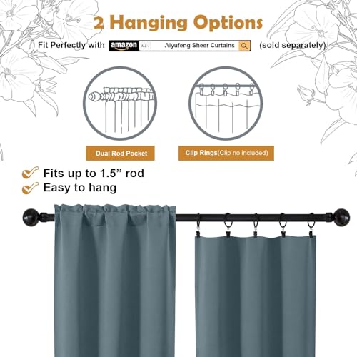 Aiyufeng Stone Blue Short 36 Inches Blackout Curtain 2 Panels Set, Half Window Rod Pocket Privacy Curtain Tiers for Kitchen, Curtains Blackout for Bathroom Shades, W40 x L36 Inch, Stone Blue - color: Stone Blue, size: 40"W x 36"L (Pack of 2)