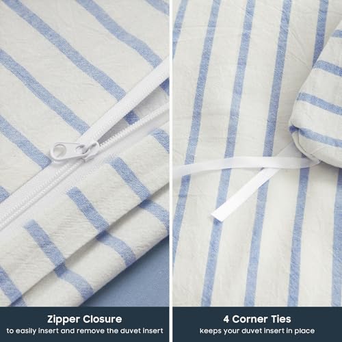 Wake In Cloud - Striped Cotton Duvet Cover Set, Ticking Stripe Vertical Pinstripe Farmhouse, 100% Washed Cotton Textured Bedding Set, 3 Pieces, Blue White, Full Size - color: Blue White, size: Full